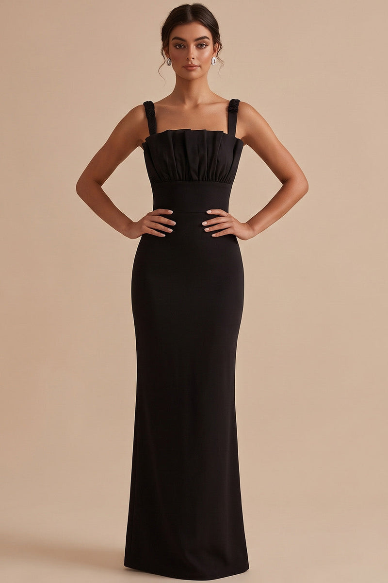 Load image into Gallery viewer, Black Ruched Mermaid Thick Straps Long Wedding Guest Dress