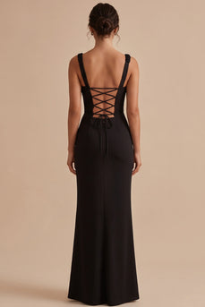 Black Ruched Mermaid Thick Straps Long Wedding Guest Dress