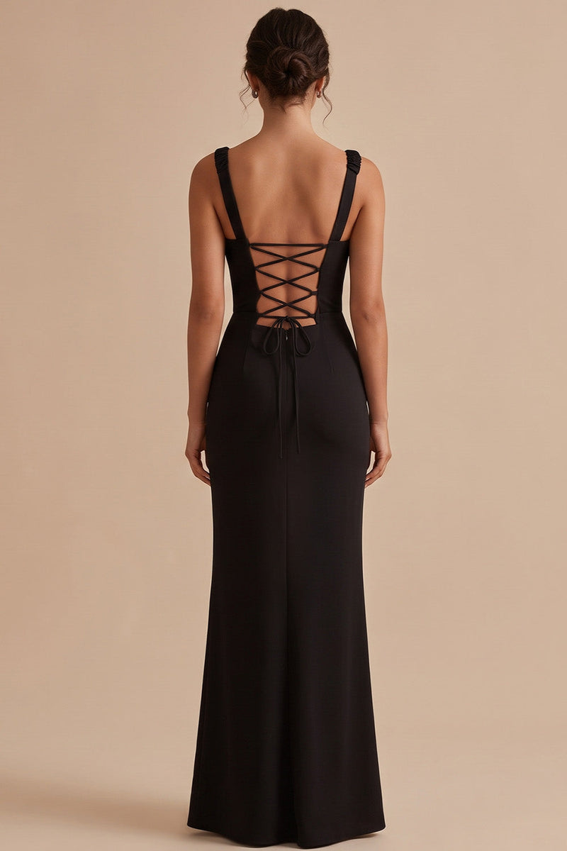 Load image into Gallery viewer, Black Ruched Mermaid Thick Straps Long Wedding Guest Dress