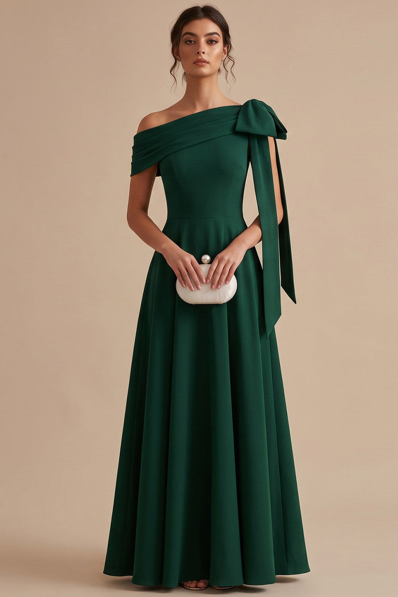 Load image into Gallery viewer, Dark Green A Line Ruched One Shoulder Long Wedding Guest Dress with Bow