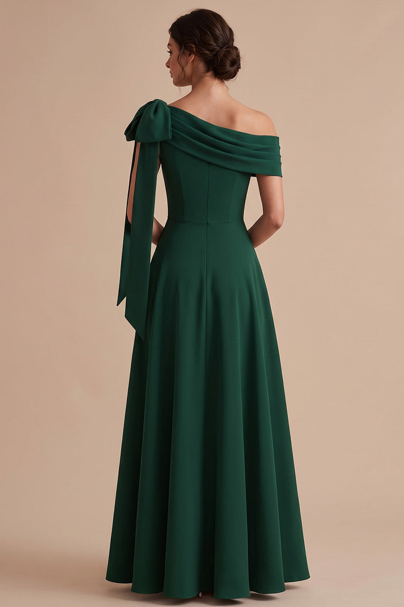 Load image into Gallery viewer, Dark Green A Line Ruched One Shoulder Long Wedding Guest Dress with Bow