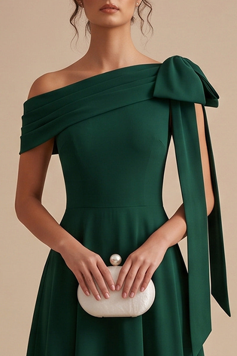 Load image into Gallery viewer, Dark Green A Line Ruched One Shoulder Long Wedding Guest Dress with Bow