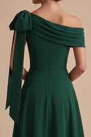 Load image into Gallery viewer, Dark Green A Line Ruched One Shoulder Long Wedding Guest Dress with Bow