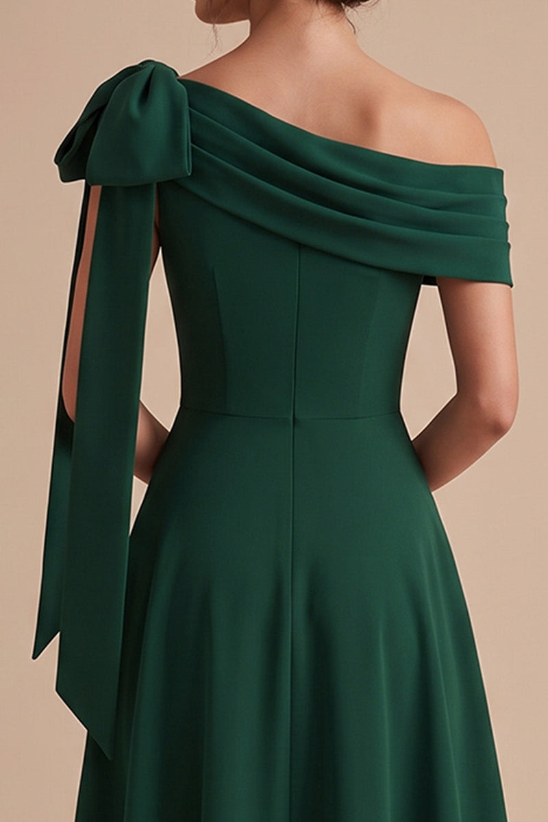 Load image into Gallery viewer, Dark Green A Line Ruched One Shoulder Long Wedding Guest Dress with Bow