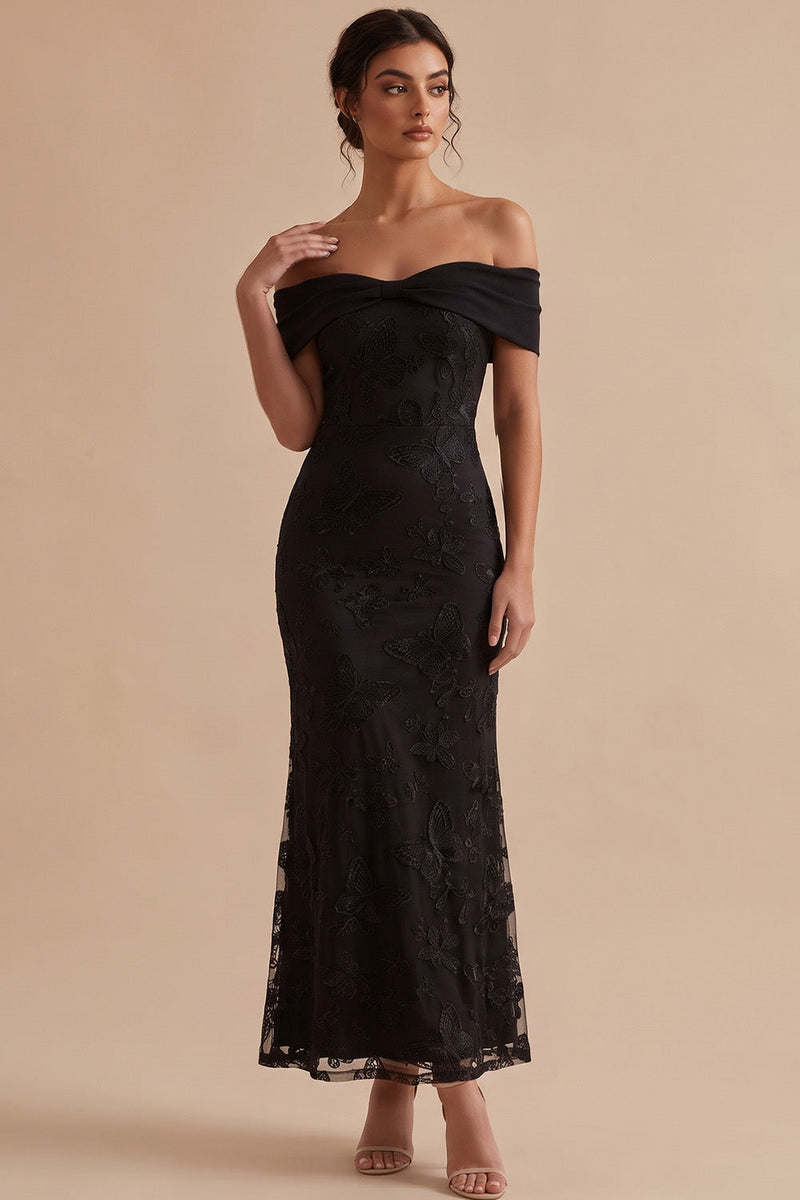 Load image into Gallery viewer, Black Floral Mermaid Ruched Off the Shoulder Long Wedding Guest Dress