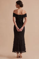 Load image into Gallery viewer, Black Floral Mermaid Ruched Off the Shoulder Long Wedding Guest Dress