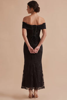 Black Floral Mermaid Ruched Off the Shoulder Long Wedding Guest Dress