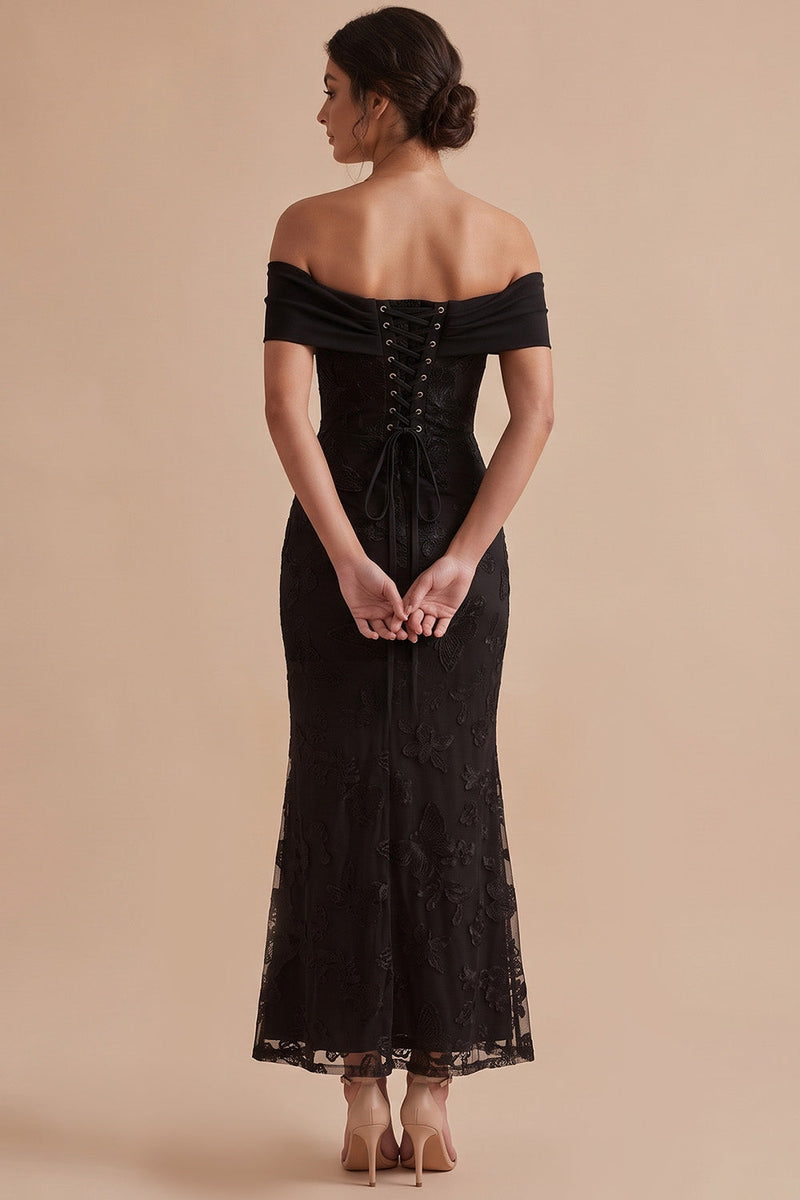 Load image into Gallery viewer, Black Floral Mermaid Ruched Off the Shoulder Long Wedding Guest Dress