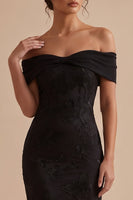Load image into Gallery viewer, Black Floral Mermaid Ruched Off the Shoulder Long Wedding Guest Dress