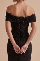 Load image into Gallery viewer, Black Floral Mermaid Ruched Off the Shoulder Long Wedding Guest Dress