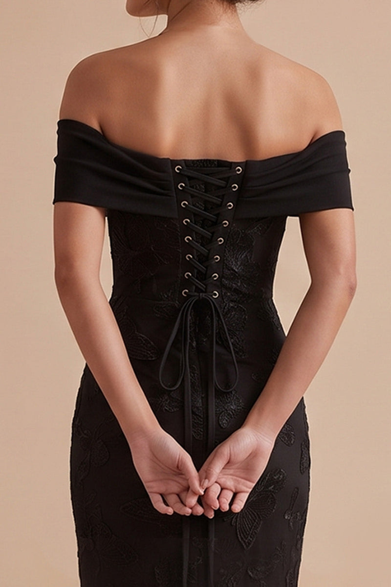 Load image into Gallery viewer, Black Floral Mermaid Ruched Off the Shoulder Long Wedding Guest Dress