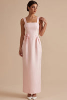 Load image into Gallery viewer, Pink Sheath Ruched Thick Straps Long Wedding Guest Dress with 3D Flower