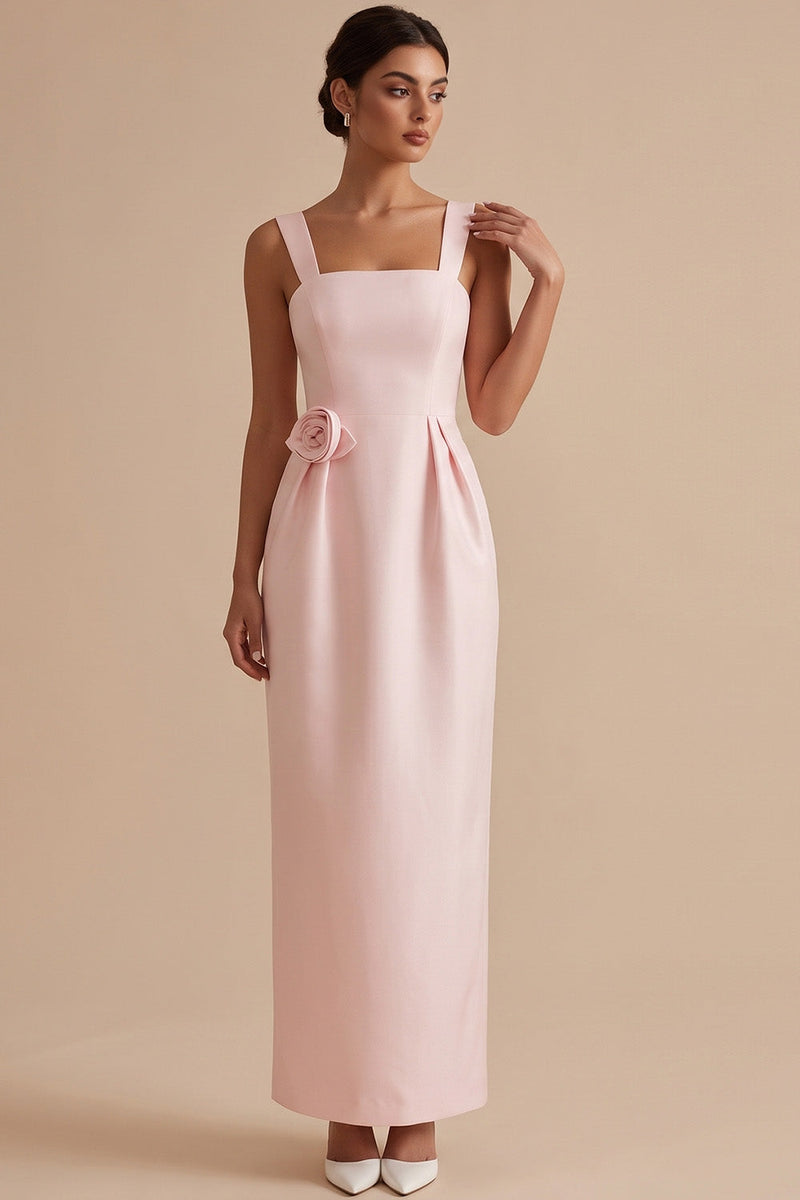 Load image into Gallery viewer, Pink Sheath Ruched Thick Straps Long Wedding Guest Dress with 3D Flower