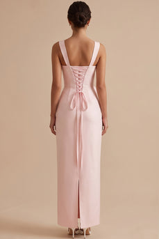 Pink Sheath Ruched Thick Straps Long Wedding Guest Dress with 3D Flower