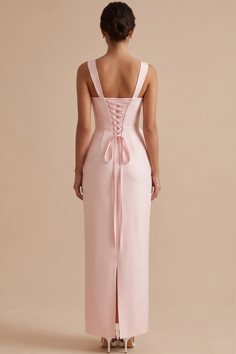 Load image into Gallery viewer, Pink Sheath Ruched Thick Straps Long Wedding Guest Dress with 3D Flower