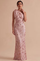 Load image into Gallery viewer, Sparkly Floral Pink Mermaid Sequin Ruched Long Wedding Guest Dress with Bow