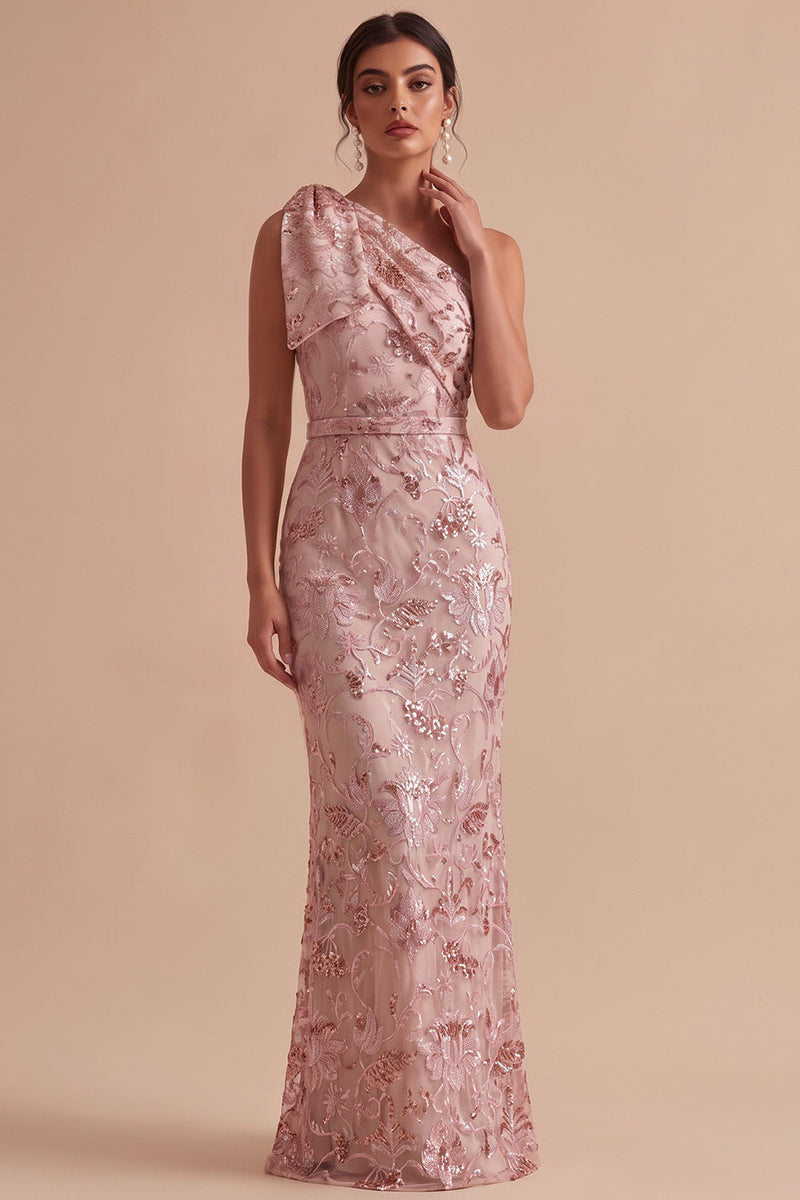 Load image into Gallery viewer, Sparkly Floral Pink Mermaid Sequin Ruched Long Wedding Guest Dress with Bow