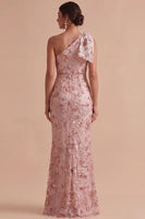 Load image into Gallery viewer, Sparkly Floral Pink Mermaid Sequin Ruched Long Wedding Guest Dress with Bow