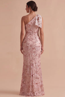 Sparkly Floral Pink Mermaid Sequin Ruched Long Wedding Guest Dress with Bow