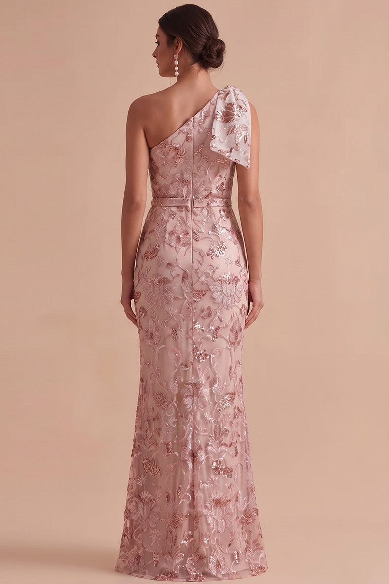 Load image into Gallery viewer, Sparkly Floral Pink Mermaid Sequin Ruched Long Wedding Guest Dress with Bow
