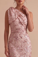 Load image into Gallery viewer, Sparkly Floral Pink Mermaid Sequin Ruched Long Wedding Guest Dress with Bow