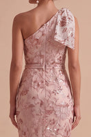 Load image into Gallery viewer, Sparkly Floral Pink Mermaid Sequin Ruched Long Wedding Guest Dress with Bow