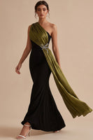 Load image into Gallery viewer, Mermaid Black and Olive Ruched One Shoulder Long Wedding Guest Dress with Bow