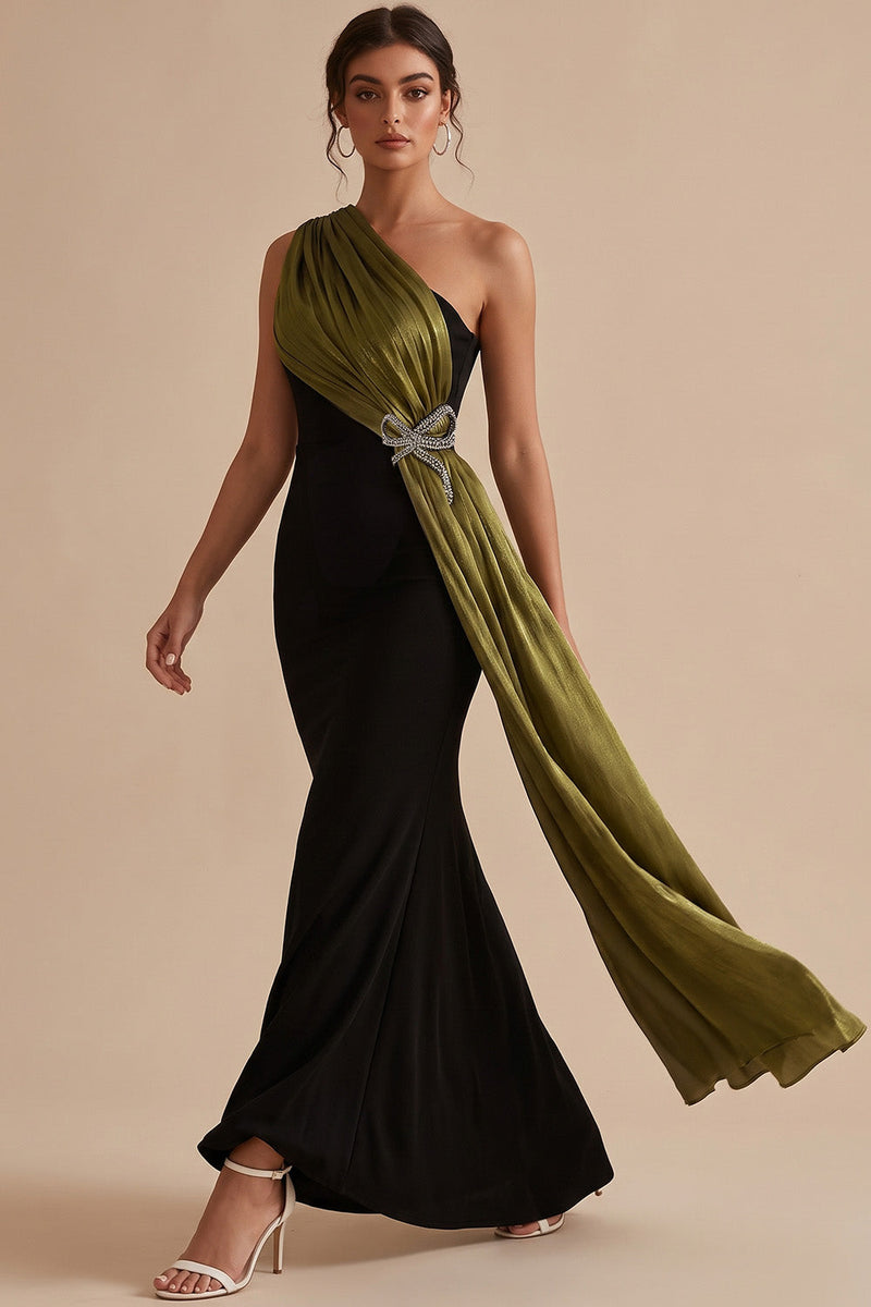 Load image into Gallery viewer, Mermaid Black and Olive Ruched One Shoulder Long Wedding Guest Dress with Bow