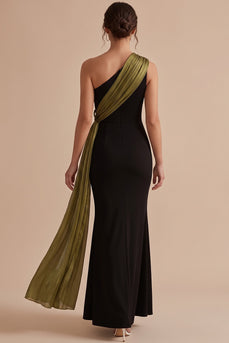 Mermaid Black and Olive Ruched One Shoulder Long Wedding Guest Dress with Bow