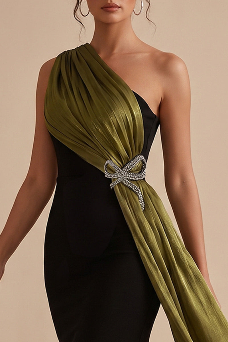 Load image into Gallery viewer, Mermaid Black and Olive Ruched One Shoulder Long Wedding Guest Dress with Bow