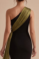 Load image into Gallery viewer, Mermaid Black and Olive Ruched One Shoulder Long Wedding Guest Dress with Bow