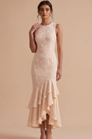 Load image into Gallery viewer, Champagne Floral Mermaid Ruffled Tiered High-Low Wedding Guest Dress
