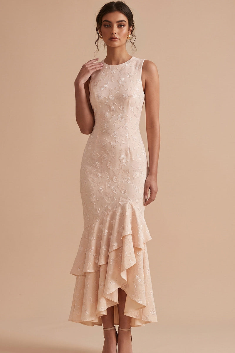 Load image into Gallery viewer, Champagne Floral Mermaid Ruffled Tiered High-Low Wedding Guest Dress