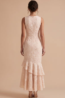 Champagne Floral Mermaid Ruffled Tiered High-Low Wedding Guest Dress