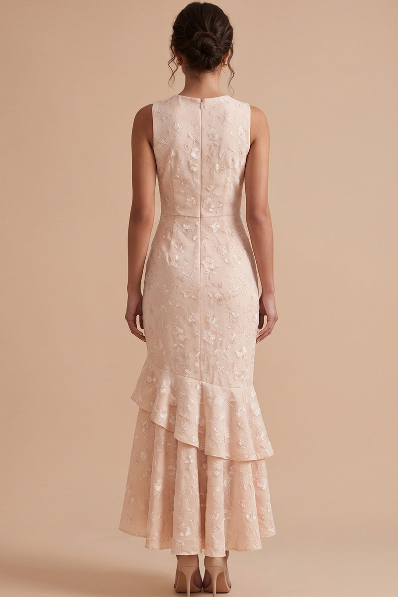 Load image into Gallery viewer, Champagne Floral Mermaid Ruffled Tiered High-Low Wedding Guest Dress