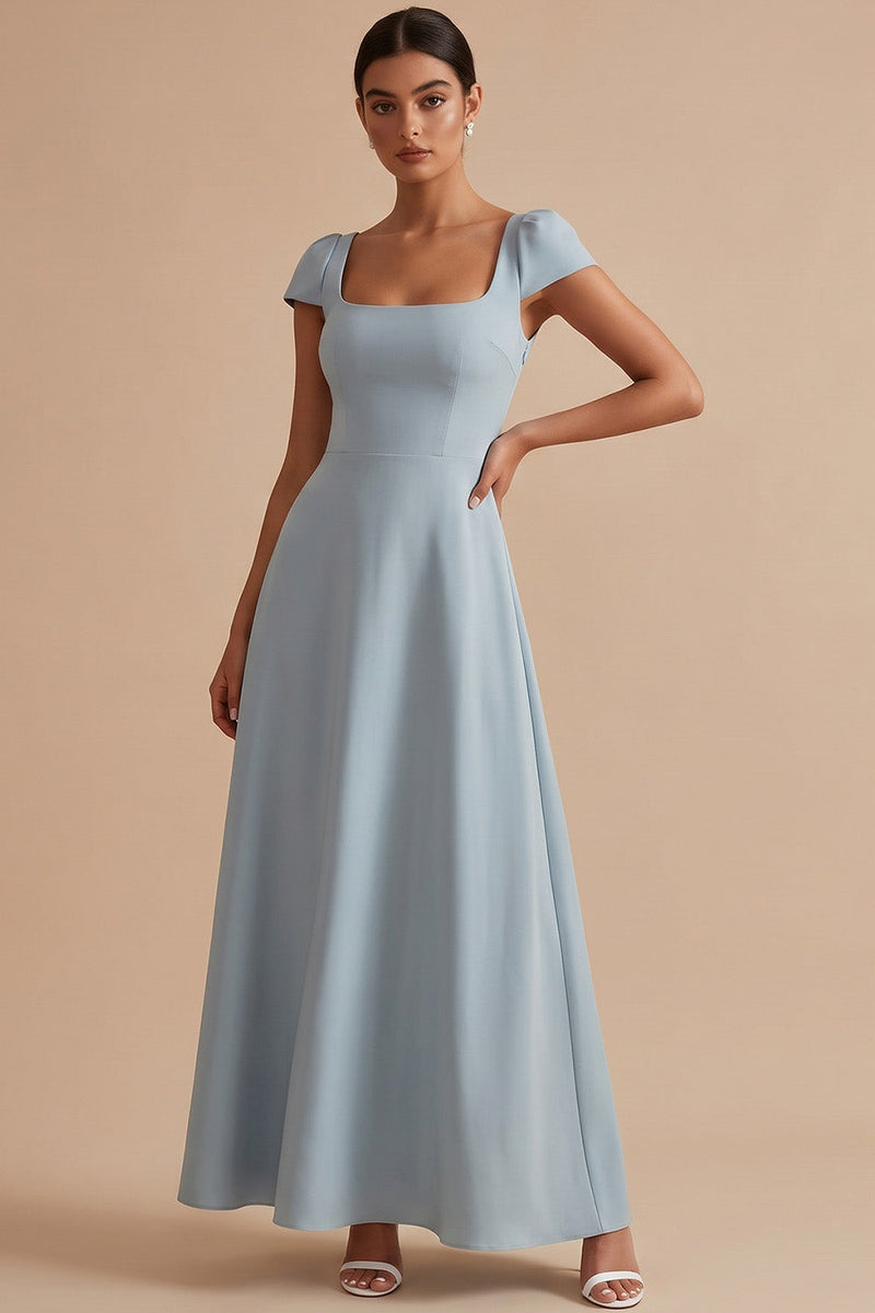 Load image into Gallery viewer, A Line Dusty Blue Simple Square Neck Cap Sleeves Long Wedding Guest Dress