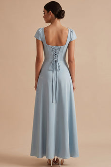 A Line Dusty Blue Simple Square Neck Cap Sleeves Long Wedding Guest Dress