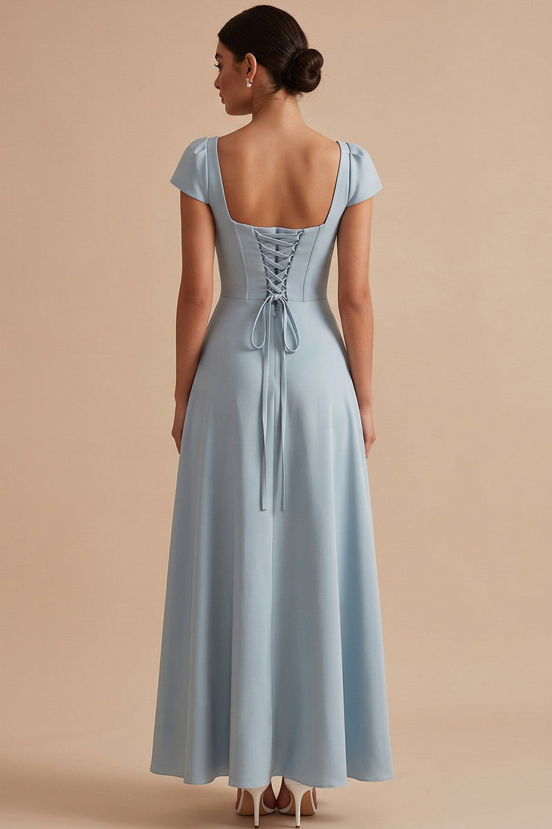 Load image into Gallery viewer, A Line Dusty Blue Simple Square Neck Cap Sleeves Long Wedding Guest Dress