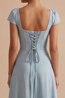 Load image into Gallery viewer, A Line Dusty Blue Simple Square Neck Cap Sleeves Long Wedding Guest Dress