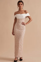 Load image into Gallery viewer, Floral White and Pink Sheath Ruched Off the Shoulder Long Wedding Guest Dress with Slit