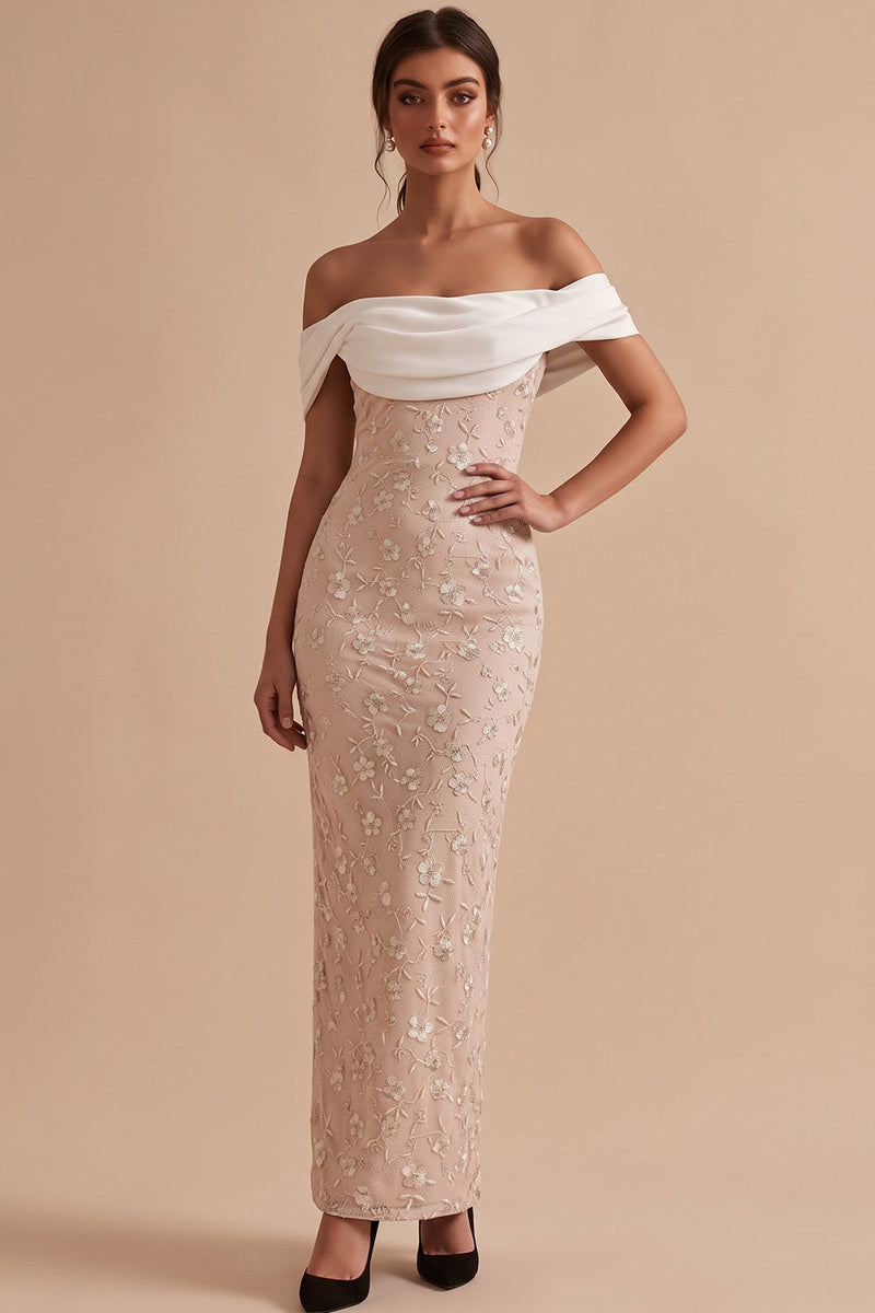 Load image into Gallery viewer, Floral White and Pink Sheath Ruched Off the Shoulder Long Wedding Guest Dress with Slit