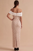 Load image into Gallery viewer, Floral White and Pink Sheath Ruched Off the Shoulder Long Wedding Guest Dress with Slit