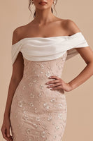 Load image into Gallery viewer, Floral White and Pink Sheath Ruched Off the Shoulder Long Wedding Guest Dress with Slit