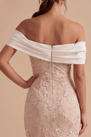 Load image into Gallery viewer, Floral White and Pink Sheath Ruched Off the Shoulder Long Wedding Guest Dress with Slit