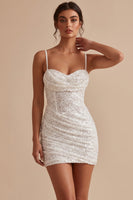 Load image into Gallery viewer, Sparkly Sequin White Bodycon Corset Ruched Short Graduation Dress