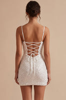 Load image into Gallery viewer, Sparkly Sequin White Bodycon Corset Ruched Short Graduation Dress