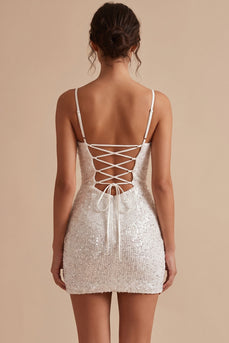 Sparkly Sequin White Bodycon Corset Ruched Short Graduation Dress