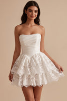 Load image into Gallery viewer, A Line White Ruched Lace Ruffled Tiered Strapless Short Graduation Dress
