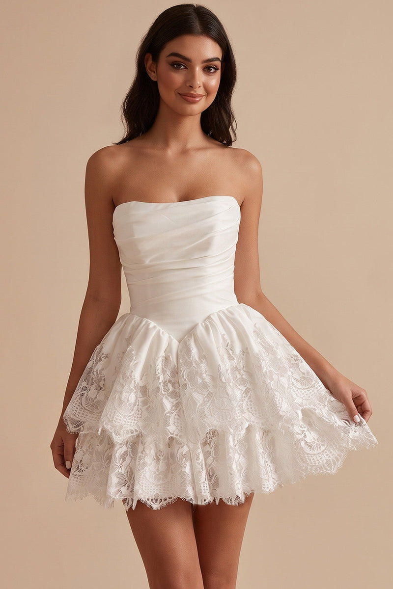 Load image into Gallery viewer, A Line White Ruched Lace Ruffled Tiered Strapless Short Graduation Dress