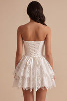 Load image into Gallery viewer, A Line White Ruched Lace Ruffled Tiered Strapless Short Graduation Dress